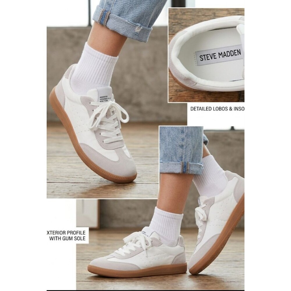 Womens Steve Madden Dodge Retro Sneakers - Bone/Grey/Gum suede & nylon sz 7.5